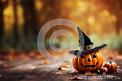 Adorable Cute Carved Pumpkin Halloween Witch Hat Autumn Background Cartoon Illustration