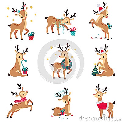 Adorable Cute Christmas Fawns Set, Merry Xmas and New Year, Happy Winter Holidays Concept Cartoon Style Vector Vector Illustration