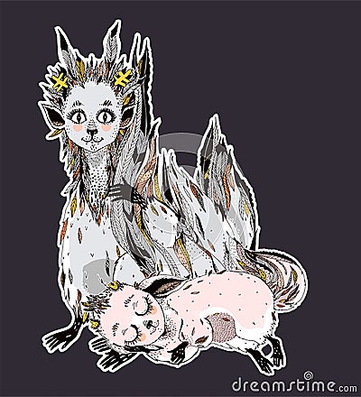 Adorable cute forest fox spirit - wild monster Kitsune with many tails. Vector Illustration