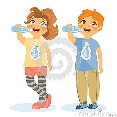 Adorable, cute kids, girl and boy drinking water from bottles Vector Illustration