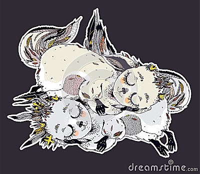 Adorable cute sleeping baby forest fox spirits - wild monster Kitsune. Vector Illustration