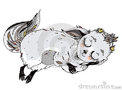 Adorable cute sleeping baby forest fox spirit - wild monster Kitsune. Vector Illustration