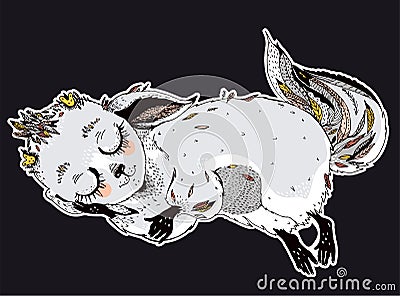 Adorable cute sleeping baby forest fox spirit - wild monster Kitsune. Vector Illustration