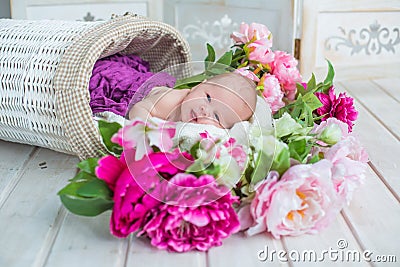 Adorable cute sweet baby girl in white basket with flowers on wooden floor Stock Photo