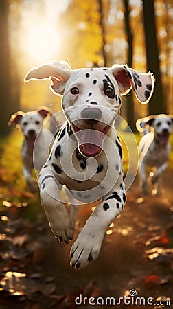 Adorable Dalmatian dogs playfully running outdoors on a sunny autumn day Stock Photo