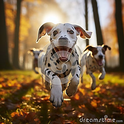 Adorable Dalmatian dogs playfully running outdoors on a sunny autumn day Stock Photo