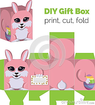 Adorable Do It Yourself DIY Easter bunny with egg gift box with ears for sweets, candies, small presents. Printable Vector Illustration