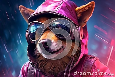 Adorable dog cyber crypto digital hacker coder in cyberspace wearing virtual reality augmented reality goggles Stock Photo