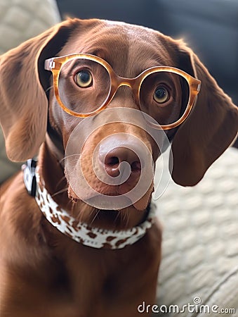 Adorable dog face looking sad and surprised. Brown short-haired dog with white collar wearing glasses. Generative AI Stock Photo