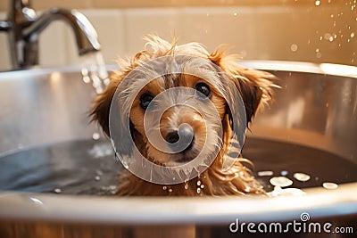 Adorable Dog's Bath Time Adventure. Heartwarming moment of a cute dog happily taking a bath. Ai generated Stock Photo