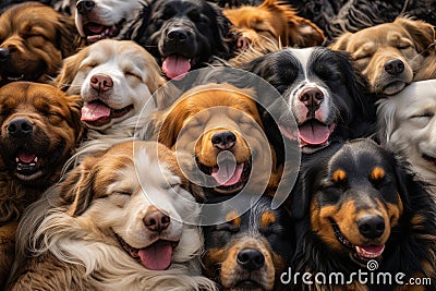 Adorable dogs sleeping together and squeezing each other and squinting Stock Photo