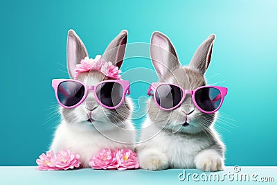 Adorable Easter bunnies dressed up with pink stylish sunglasses and flowers against blue background Stock Photo