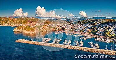 Adorable evening view from flying drone of Agropoli port. Stock Photo