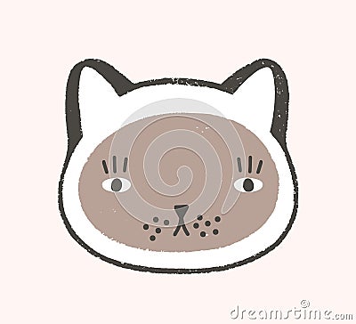 Adorable face of cat. Lovely cartoon muzzle of kitten wearing hood isolated on white background. Head of cute funny Vector Illustration