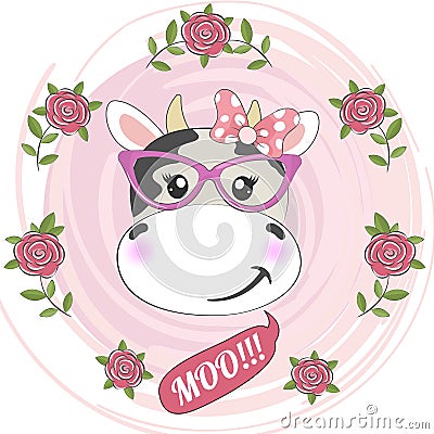 Adorable face cute cow in glasses and pink bow isolated on pink background with flowers. Vector Illustration