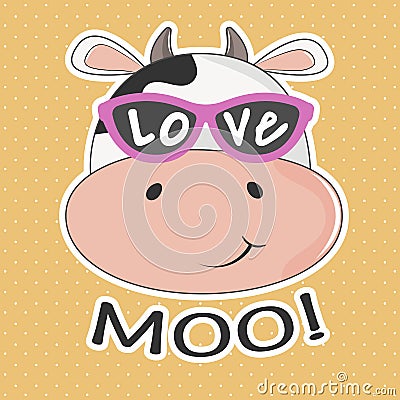 Adorable face cute cow wearing stylish glasses. Vector Illustration