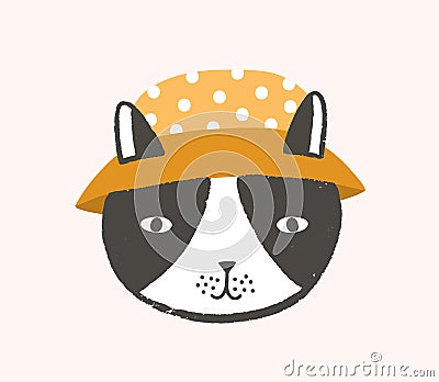 Adorable face or head of cat wearing bucket hat. Funny cute cartoon muzzle of kitten isolated on white background Vector Illustration