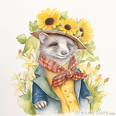 Adorable Ferret Dressed in Sunflower Design AI Generated Cartoon Illustration