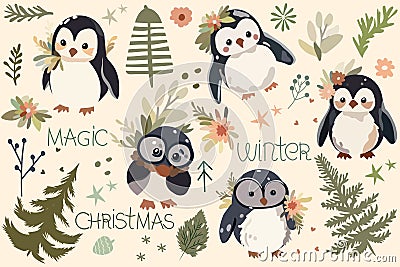 Adorable festive penguins. Joyful penguin character, smiling aquatic non flying bird. Banner with Arctic Baby penguin Vector Illustration