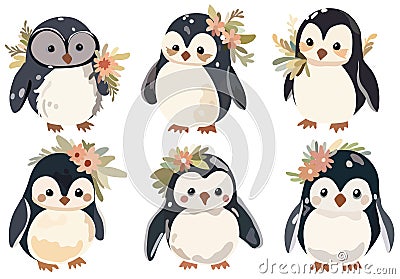 Adorable festive penguins. Joyful penguin character, smiling aquatic non-flying bird. Vector collection featuring baby Vector Illustration