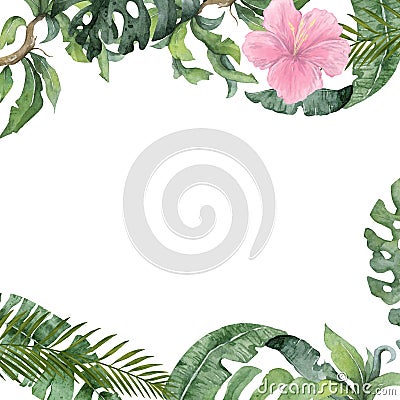 Adorable floral exotic horizontal frame with butterfly, tropical leaves. Hand drawn watercolor isolated illustration on Cartoon Illustration