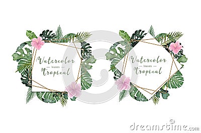 Adorable floral exotic horizontal square frame for wedding invite and greeeting card, tropical leaves. Hand drawn Cartoon Illustration