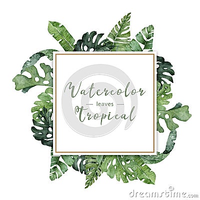 Adorable floral exotic horizontal square frame for wedding invite and greeeting card, tropical leaves. Hand drawn Cartoon Illustration