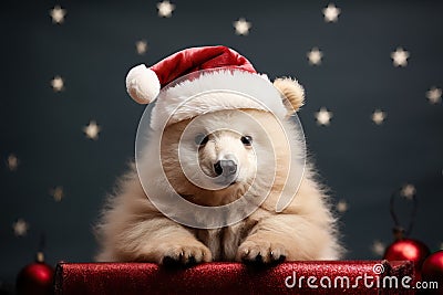 Adorable fluffy bear in Santa hat, posing on a festive dark background with stars. Stock Photo