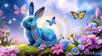 Easter Bunny in beautiful clearing with flowers and butterflies. Fantasy, fairy tale , Generative AI Stock Photo