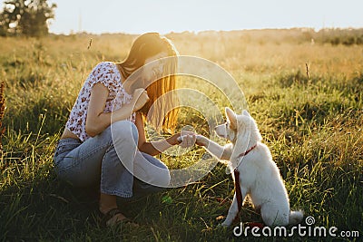 Adorable fluffy puppy giving paw to girl owner and having treat. Woman training cute white puppy to behave in summer meadow in Stock Photo
