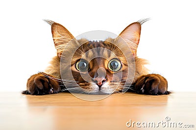 Wide-eyed fluffy cat peaking from a desk. AI generated illustration. Stock Photo