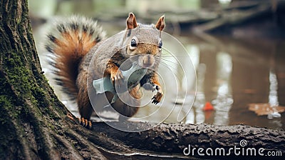 A fluffy squirrel climbing a tree trunk in the forest. generated by AI tool Stock Photo