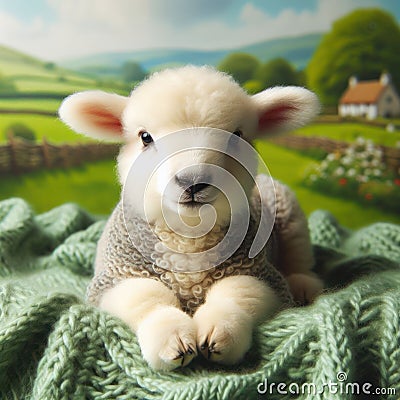 Adorable Fluffy White Lamb in Serene Pastoral Countryside Stock Photo