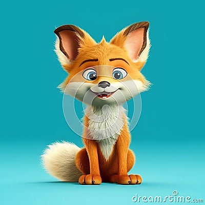 Realistic Cartoon Fox With Expressive Eyes On Blue Background Stock Photo