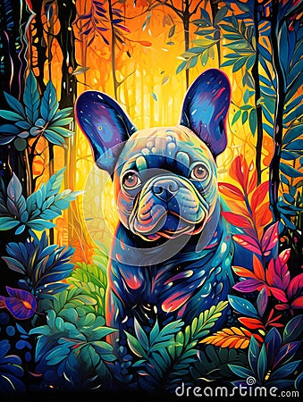 Adorable French Bulldog in the Forest Painting. Cartoon Illustration