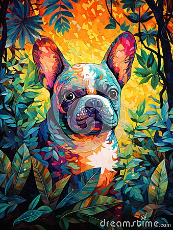 Adorable French Bulldog in the Forest Painting. Cartoon Illustration