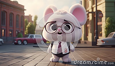 Adorable and friendly white rabbit with big eyes and glasses, realistic 3d illustration Cartoon Illustration