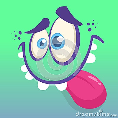 Adorable funny cartoon monster face showing tongue. Vector Halloween green monster character Vector Illustration