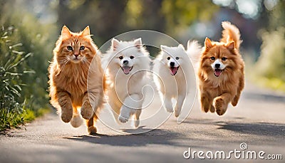 Adorable furry animal duo running happily. Cute Orange shorthair cat and Stock Photo