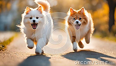 Adorable furry animal duo running happily. Cute Orange shorthair Stock Photo