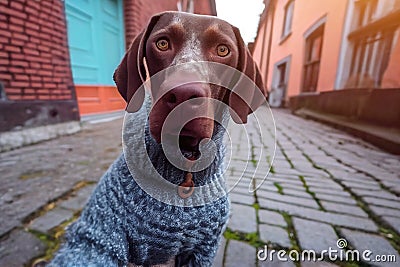 Adorable german shorthaired pointer in a dog sweater selfie, adorable dramatic GoPro selfie Stock Photo