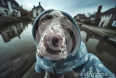 Adorable german shorthaired pointer in a dog sweater selfie, adorable dramatic GoPro selfie Stock Photo
