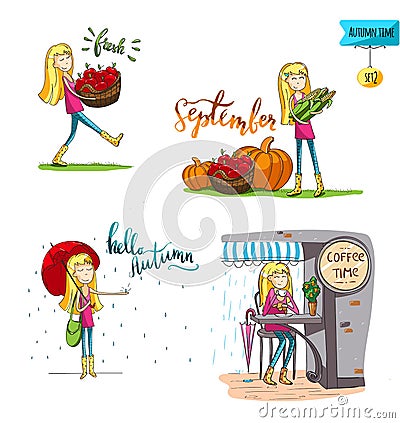 Adorable girl in different situations in fall Cartoon Illustration