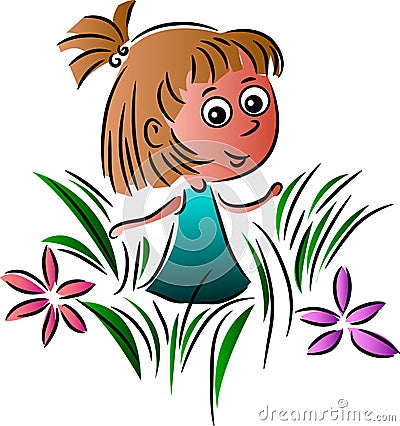 Adorable girl in garden Vector Illustration