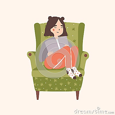 Adorable girl sitting in comfy armchair and reading book isolated on light background. Portrait of cute young woman Vector Illustration