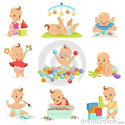 Adorable Girly Cartoon Babies Playing With Their Stuffed Toys And Development Tools Series Of Cute Happy Infants Vector Illustration