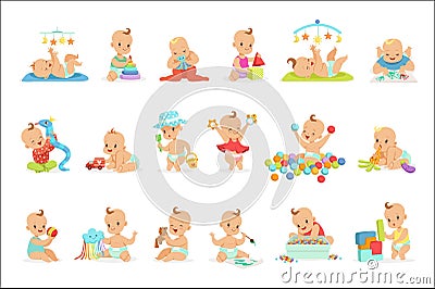 Adorable Girly Cartoon Babies Playing With Their Stuffed Toys And Development Tools Set Of Cute Happy Infants Vector Illustration