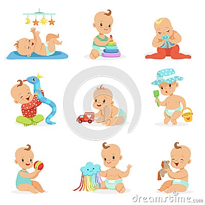 Adorable Girly Cartoon Babies Playing With Their Stuffed Toys And Development Tools Set Of Cute Happy Infants Vector Illustration