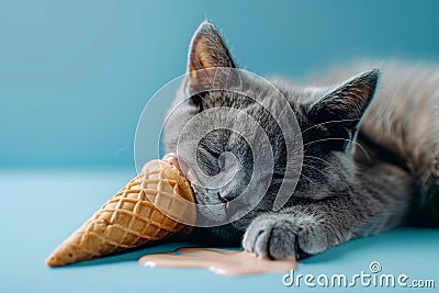 Adorable Gray Cat Napping Next to Melted Ice Cream Cone on a Blue Background, Peaceful Pet Resting with Sweet Snack Stock Photo