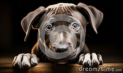 Adorable Gray Puppy with Soulful Eyes Lying Down on a Dark Background Stock Photo